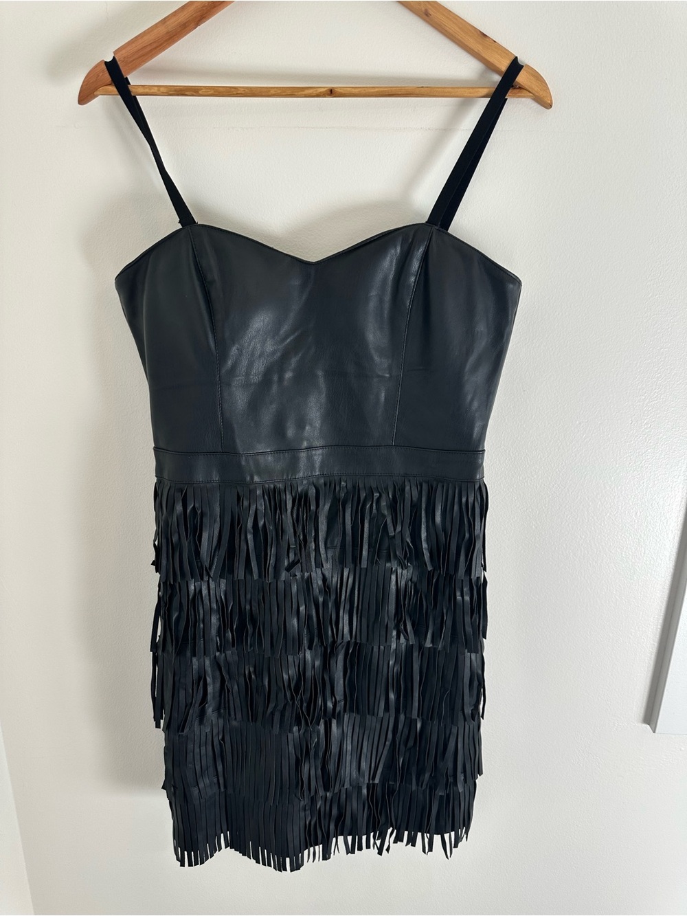 GUESS Black Vegan Leather Fringe Bustier Mini Dress Size 10